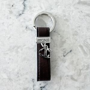 Just Cavalli Leather Keychain Unisex One Size Brown Logo Anchor Charm